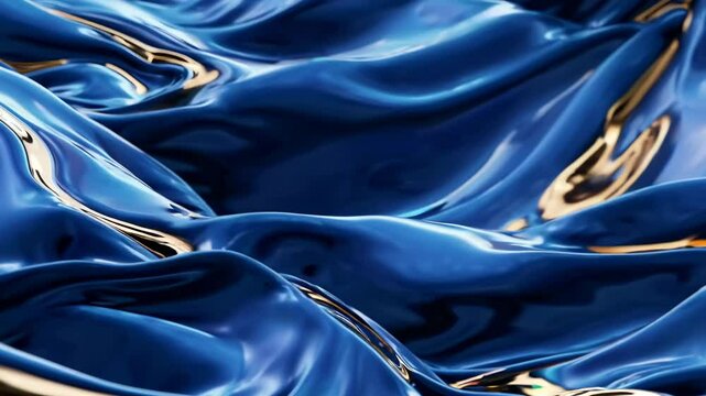 Flowing blue and gold fluid creates premium waves pattern with smooth metallic texture, ideal for luxury and elegant design concepts