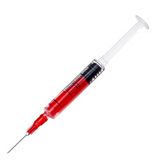 Fototapeta premium Plastic syringe filled with red liquid isolated on a transparent background for medical use, plastic syringe with red liquid isolated on transparent background