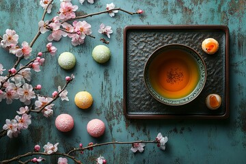 Beautiful tea set with floral arrangement on a blue surface