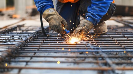 Construction worker welding metal parts at a building site. Featuring focus and skill