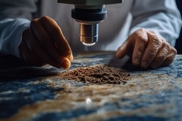 A scientist meticulously examines a soil sample under a microscope, analyzing its composition and properties.