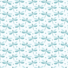 Seamless pattern with cute dragonflies in simple outline style. Soft blue color. Perfect for kids fabric, wallpaper, wrapping paper, nursery, and baby products.