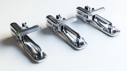 Chrome cabinet hinges with white background.