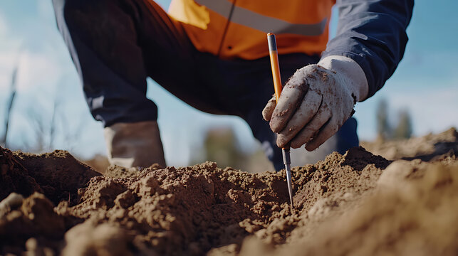 Petroleum engineer analyzing soil core samples at an oil exploration site. Featuring soil core analysis