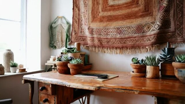 Bohemian desk decor ideas: plants, tapestry, and vintage furniture for home office style