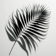 Fototapeta premium Elegant black palm leaf against a soft white background, creating striking shadows. Perfect for designs in wellness, nature, or tropical themes.