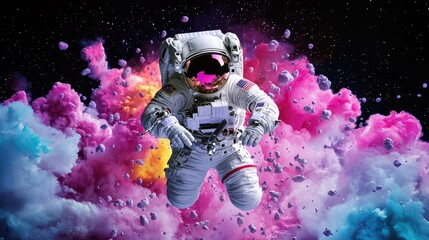 Fototapeta premium Astronaut in colorful nebula surreal space exploration concept