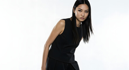 Woman Posing in Black Sleeveless Top on White Background