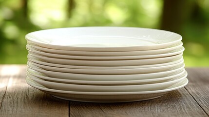 Stacked white plates on wooden table outdoors