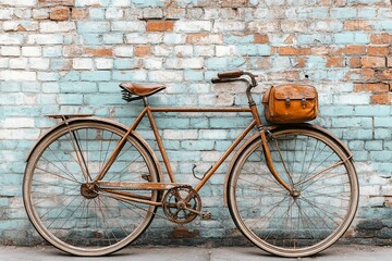 A vintage bicycle is leaning against a colorful brick wall