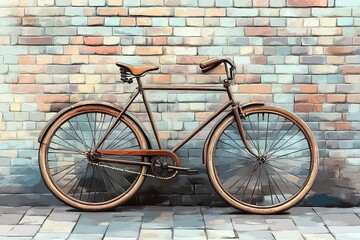 A vintage bicycle leaning against a textured brick wall background