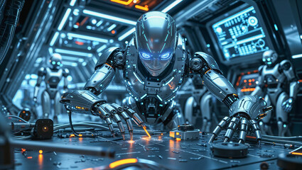 AI-generated images of a cybertronic humanoid robot working on an intergalactic spaceship