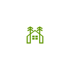 Eco-friendly house logo in green color, featuring a simple house icon surrounded by circular natural elements like leaves and curved hills. The design promotes sustainable living, green building, and 