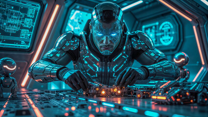 AI-generated images of a cybertronic humanoid robot working on an intergalactic spaceship