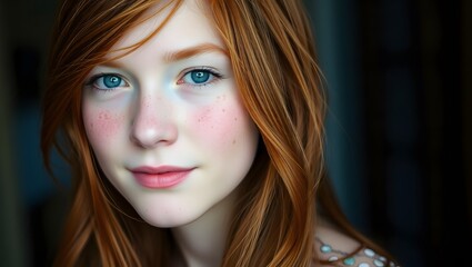 Fototapeta premium Closeup portrait of smiling freckled young girl with red hair and radiant blue eyes 