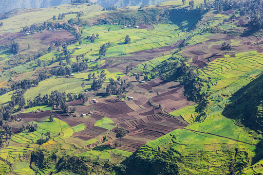 Ethiopia. Amhara. North Gondar. View of farms and a village in the Ethiopian highlands.