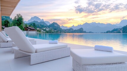 Fototapeta premium Luxury sunrise lakeside relaxation serene water view with elegant lounge chairs