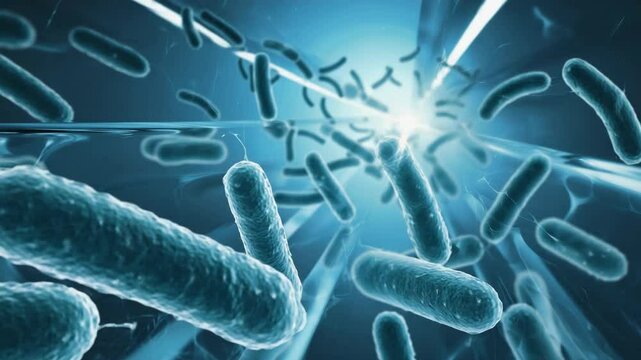 Animated visualization of rod-shaped bacteria floating, cell structures, microbiology science medical research, pathogen microorganisms