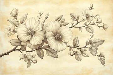 Beautiful botanical illustration of flowers on branches with leaves