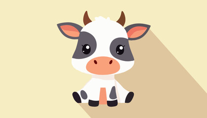 Cute cartoon baby cow sitting front view on light beige background, neutral expression, farm animal character for kids illustrations