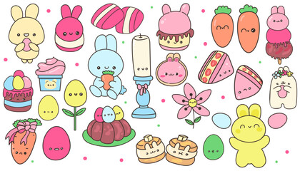 Cute kawaii Easter set with bunny characters, sweets, carrots, eggs, and flowers
