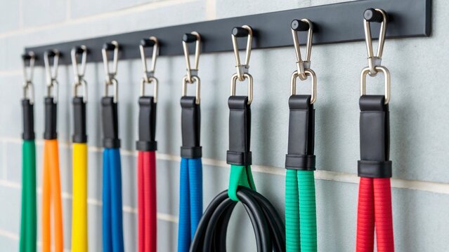 A close-up of colorful resistance bands in green, orange, yellow, blue, red, and black, neatly hanging from a black rack on a light blue tiled wall, ready for a workout