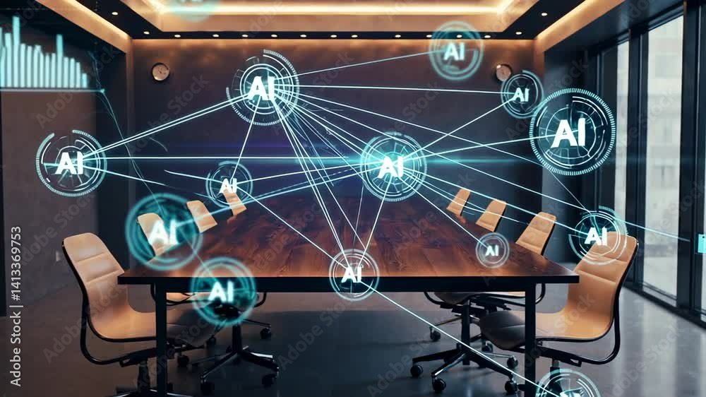 Poster glowing digital lines and ai symbols form a network above a wooden table and chairs in a contemporar