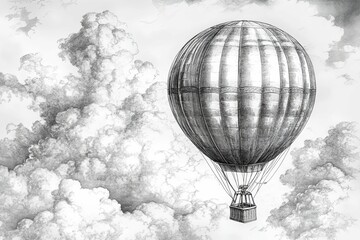A detailed drawing of a hot air balloon in the cloudy sky