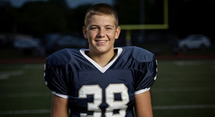 Young caucasian male teen football player in blue jersey smiling on field