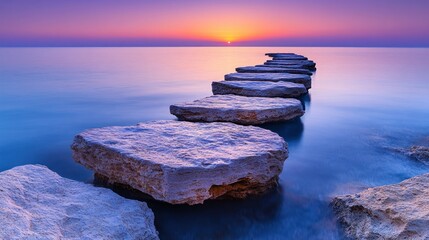 Sunrise pathway of stones on tranquil water