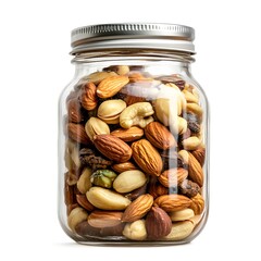 Glass jar filled with mixed nuts and a metal lid on white background.