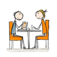 Two stick figures are depicted at a table, engaging in what appears to be a meeting or social interaction.