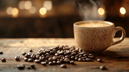 Cup of coffee in ceramic mug on a rustic wooden surface with coffee around