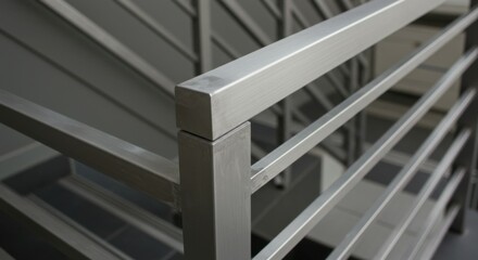 Obraz premium Close-up shot of a sleek metal handrail on a modern staircase.