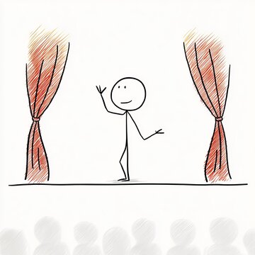 A stick figure actor takes the stage, offering a warm greeting to the audience under the curtains.