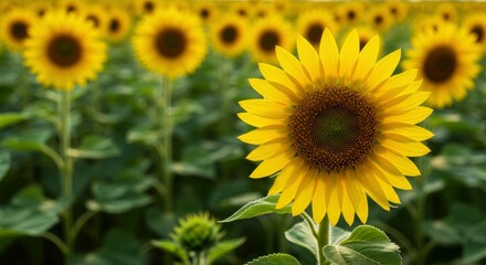 Fototapeta premium Macro view of sunflower with vivid yellow petals in sunny harvest field.