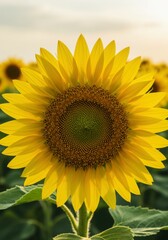 Fototapeta premium One sunflower blooming brightly in lush green farm field.