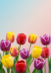 Multicolored tulip blossoms arranged with harmony on faded backdrop.