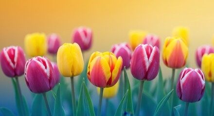 Tulip garden abstract with pastel sky tones and floral contrast.
