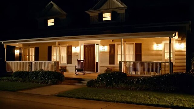 Cozy night at a charming house with warm lights illuminating the porch
