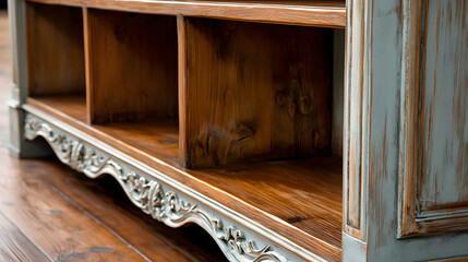 A wooden shelf with a blue trim. Generated using AI.