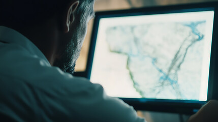 Petroleum engineer reviewing seismic data for potential drilling locations. Featuring seismic analysis