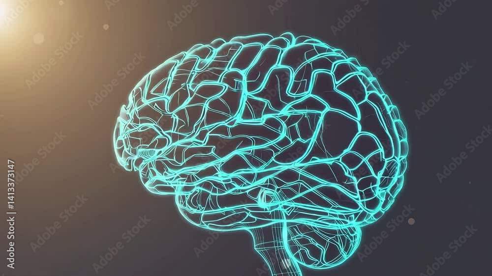 Poster Neural network visualization revealing intricate brain structure, glowing digital model rotating against dark backdrop with dynamic particle interactions, highlighting neurological complexity