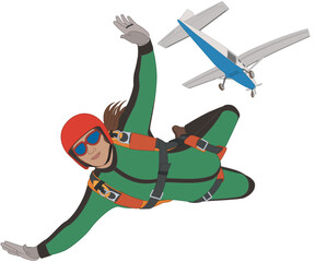 parachuting, skydiving, female skydiver jumping out of an airplane descending rapidly in free-fall, isolated on a white background