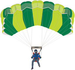 parachuting, skydiving, male skydiver under a ram-air canopy descending in mid-air isolated on a white background