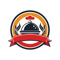 Fototapeta premium Restaurant logo design food cloche red ribbon flames orange background