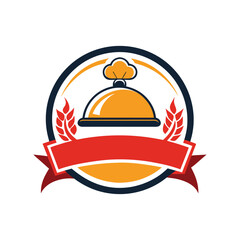 Fototapeta premium Restaurant logo design cloche wheat ribbon emblem,