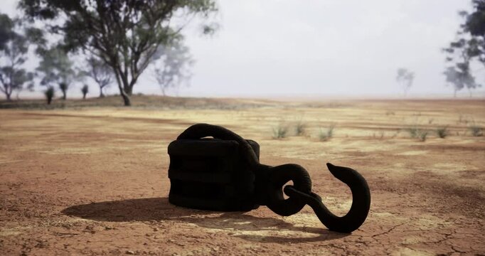 A weathered hook lies on cracked, dry soil, surrounded by desolate landscapes and distant trees under a bright sky, indicating a lack of water and arid conditions.