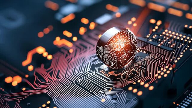 Close-up view of a futuristic circuit board with a glowing sphere, symbolizing technology innovation