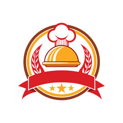 Fototapeta premium Restaurant logo Chef hat food cloche emblem design